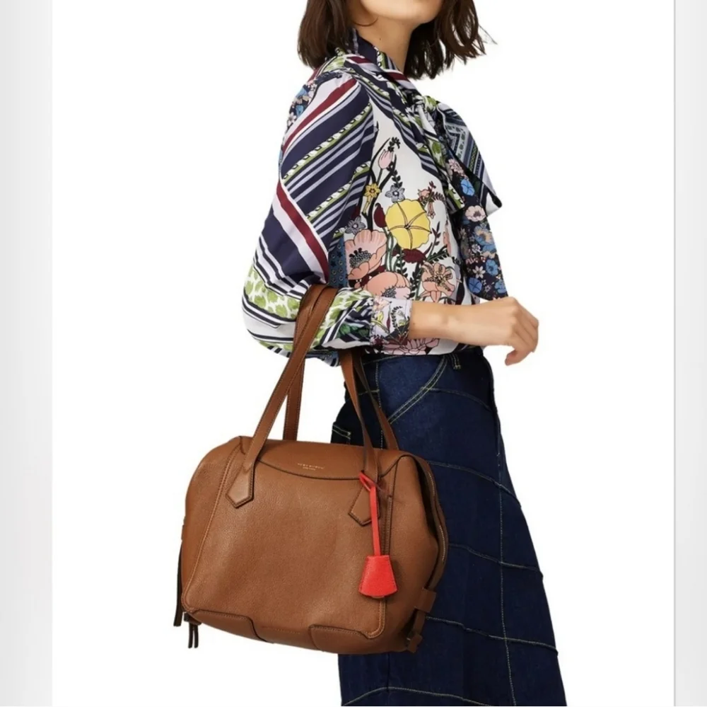 Tory burch Satchel rich Brown Leather Handbag with Red Accent - Picture 8 of 12